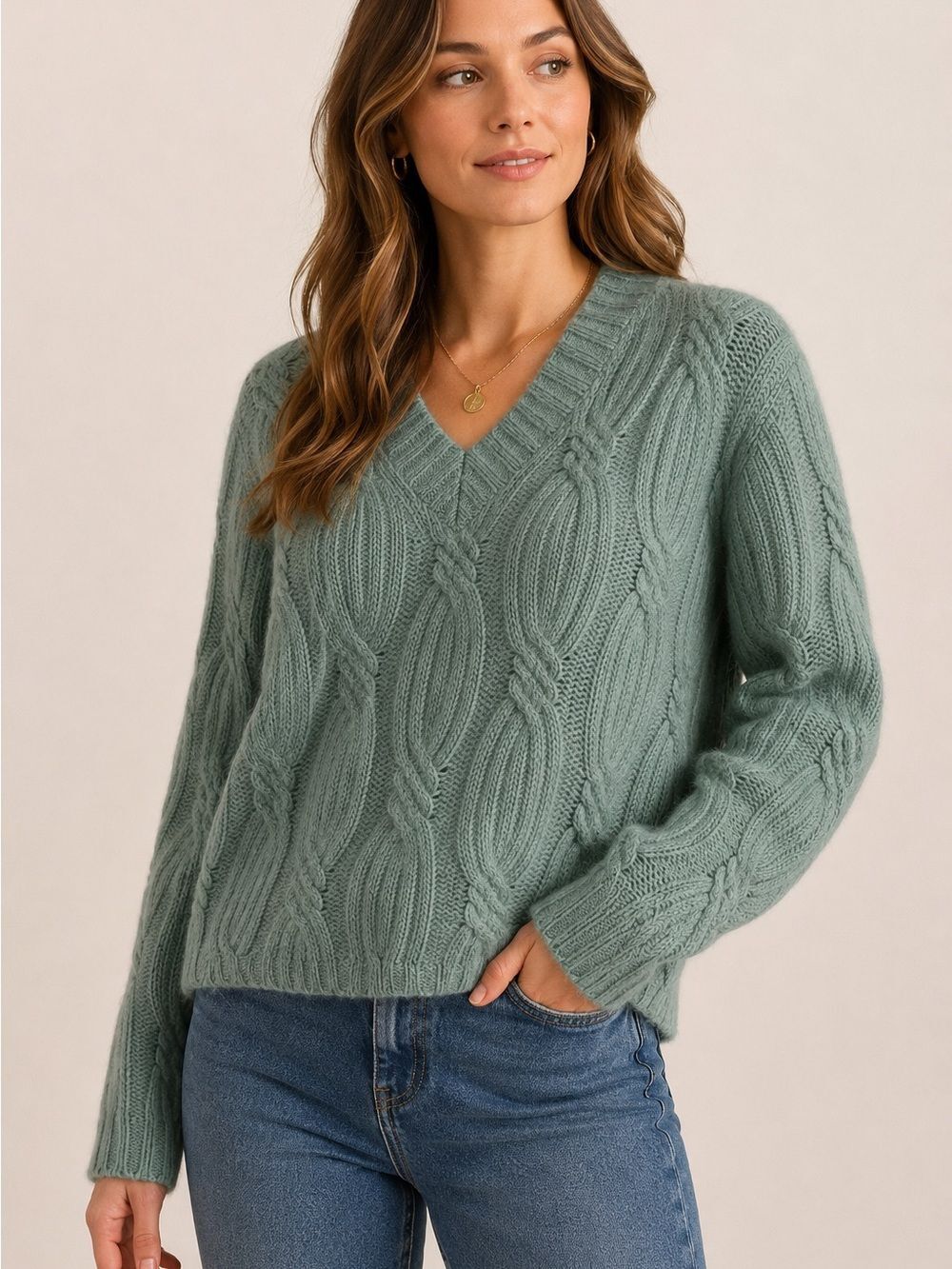 Field Manor Vintage Cable Knit V Neck Sweater Small Sage Green Lambs Wool Agora